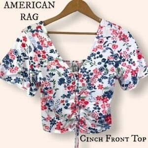 AMERICAN RAG Short Flutter Sleeve White Floral Lace Up/Cinchable Crop Top